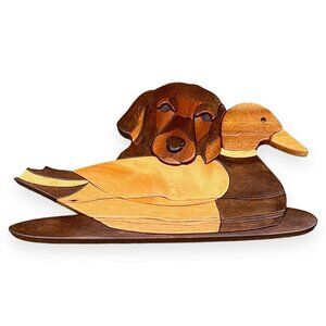 Labrador Dog and Duck Wood Intarsia Wall Art Handmade Marquetry Design 19” X 12”
